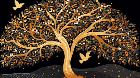 Generative AI : Silhouette of a tree with bird on it and Moon on starry background Elements of this image are my workの素材