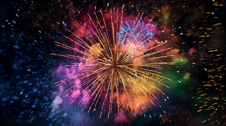 Generative AI : Multicolor Firework Celebration over the soft focus of milky way backgroundの素材
