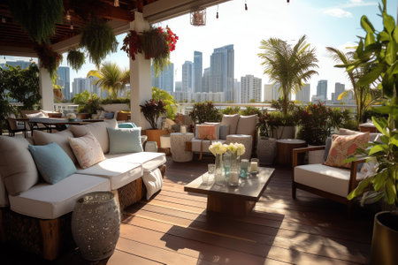 Generative AI : cozy rooftop patio with pallet furniture lounge zone and beautiful landscape viewの素材