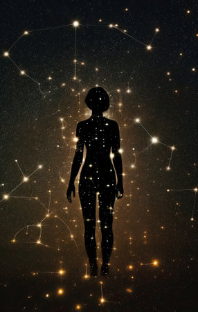 Generative AI : Silhouette of woman stand alone in the night with detail from the milky way and stars field backgroundの素材
