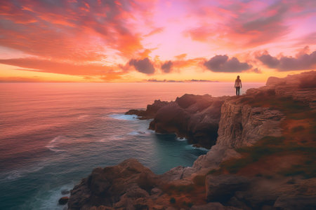 Generative AI : Dramatic sky over the atlantic ocean in Basque Country coast during an epic sunsetの素材