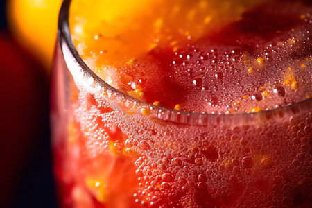 Generative AI : Abstracted photo bringing effects in red and yellow tones Close up on a strawberry jamの素材