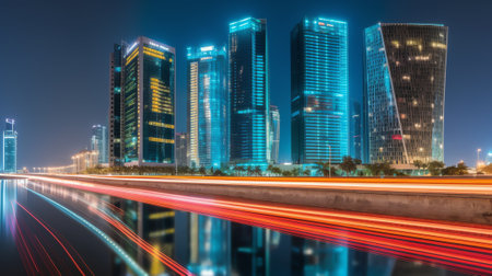 Generative AI : Night view on the centre of the city Doha Qatar and the Gulf Many modern luxury building and skyscrapers illuminated with numerous lightsの素材
