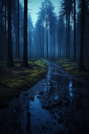 Generative AI : Footpath in the dark foggy mysterious forest Full moon on the sky with reflection in the puddle on trail at spruce mystery night forest Halloween backdropの素材