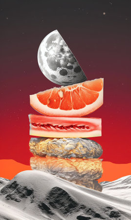 Generative AI : View of Earth from the moon surface Watermelon and orange background Abstract space fruit conceptの素材