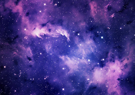 Generative AI : Space texture on painted plywood The texture of the night starry sky Bluepurple texture background Copy space Top view Spray paint in the form of starsの素材