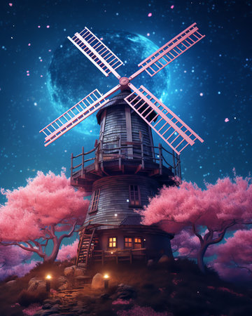 Generative AI : Night photo of windmill and stars with abstract lightingの素材