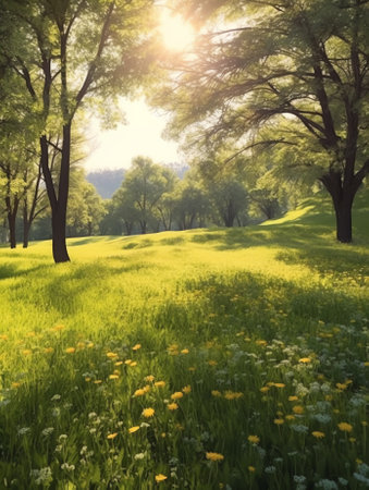Generative AI : beautiful morning light in public park with green grass fieldの素材