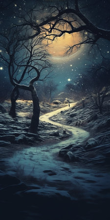 Generative AI : Picturesque landscape of leafless trees growing in snowy valley under night starry skyの素材