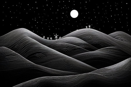 Generative AI : A mountain range silhouetted by a starfilled night sky and quarter moonの素材