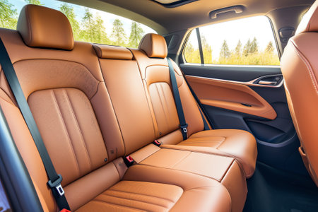 Generative AI : Brown leather driver seat headrest in a modern sports car at the starry night Car with a panoramic sunroofの素材
