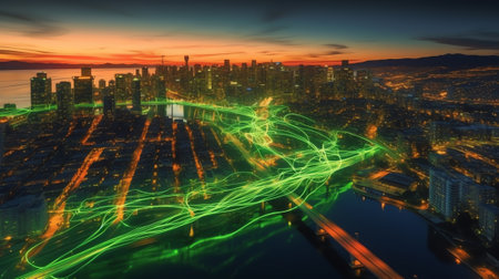 Generative AI : Aerial Panoramic view of Downtown Vancouver Cambie Bridge and False Creek Picture taken during a cloudy sunset Colorful sky Overlayの素材