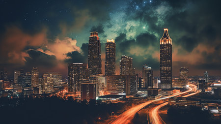 Generative AI : Atlanta City Skyline at Night with Skyscrapers and Buildings at Cloudy Twilight over the Trees in Georgiaの素材