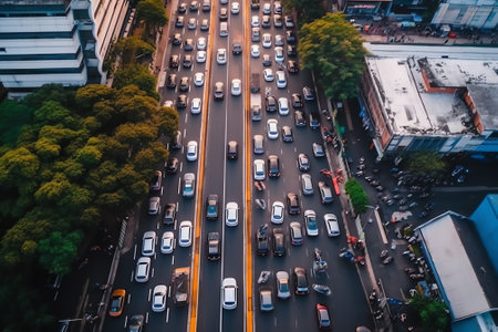 Generative AI : Evening traffic jams in the city heavily congested roads and interchanges transport collapse Aerial viewの素材