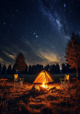 Generative AI : Milky way galaxy night sky camping landscape sceneの素材