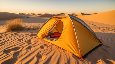 Generative AI : camping under the sky by the sand duneの素材