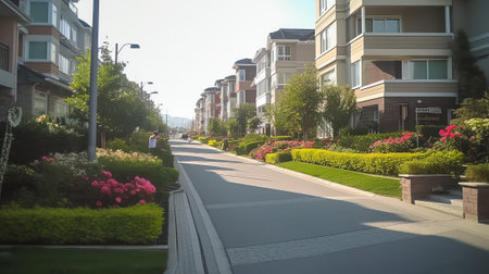 Generative AI : Empty street at the nice and comfortable great garden under lovely blue skyの素材