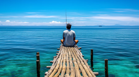 Generative AI : Unrecognizable person wearing warm jacket standing near wooden fence of pier with long fishing rod and catching fish in rippling sea water against cloudless blue skの素材