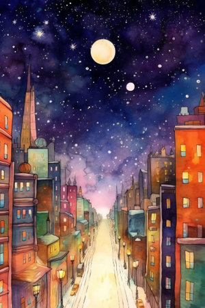 Generative AI : Milkyway on a very cold Winter Night above a long street with light pollution of a city in the backgroundの素材