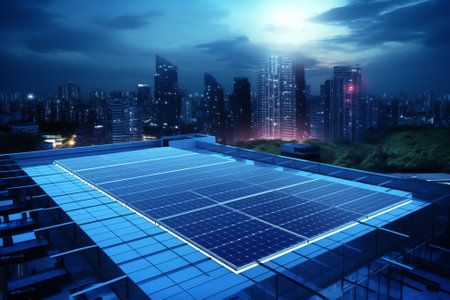 Generative AI : Roof covered with solar panels at nightの素材