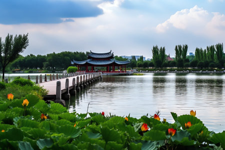 Generative AI : Empty square floor and West Lake scenery in HangzhouChinaの素材