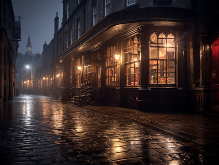 Generative AI : Streets of Edinburgh Scotland at night UKの素材