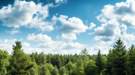 Generative AI : Green treetops and beautiful cloudy blue sky Forest landscape view from above to sky panoramaの素材