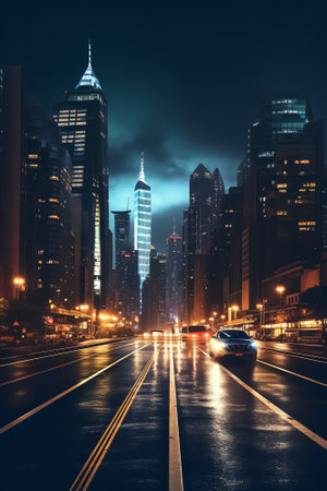 Generative AI : Panoramic skyline and modern commercial buildings with empty road Asphalt road and cityscape at nightの素材