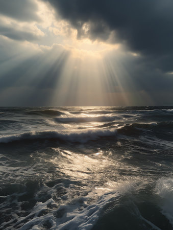 Generative AI : Baltic sea at sunset Dramatic sky after the storm soft golden sunlight Water surface closeup Nature environment ecology meteorology cyclone fickle weatherの素材