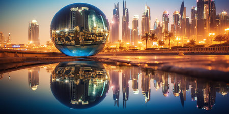 Generative AI : City at night panoramic scene of downtown reflected in water Dubaiの素材