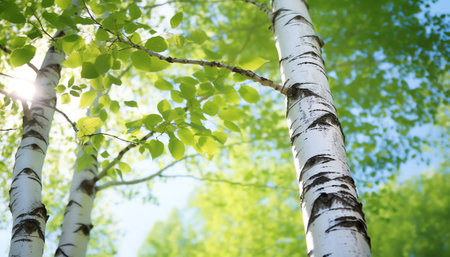 Generative AI : Silver birch tree trunk detail against white cloud background on blue sky Betula pendula Closeup of beautiful bright bark with long horizontal lenticels and springの素材