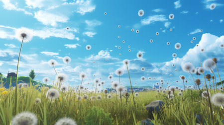Generative AI : Field with dandelions and blue skyの素材