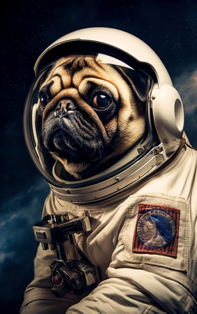Generative AI : Astronaut pug dog in a space suit with a helmet on a dark brown background Animal travel in space conceptの素材