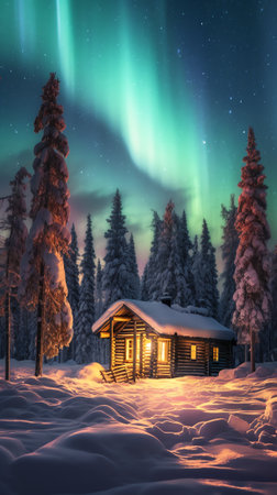 Generative AI : Northern lights Aurora Borealis over snowedin cottage in Lapland village Finlandの素材