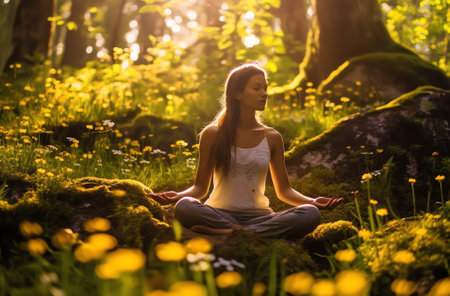 Generative AI : Woman in meditation in natureの素材