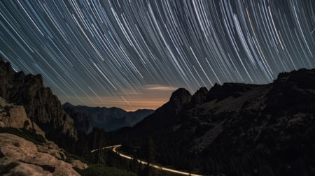 Generative AI : Long exposure night photography on a high mountain road of the milky way and the starsの素材