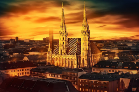 Generative AI : The view from the window of the old night city of Vienna and the moon in the cloudy skyの素材