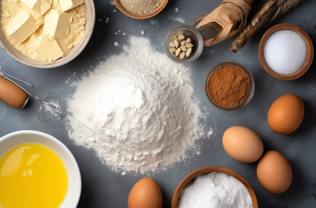 Generative AI : top view flat lay a cookie mold a broken egg a spoon with flour and a silhouette of an astronaut made of flour a postcard for the day of cosmonauticsの素材