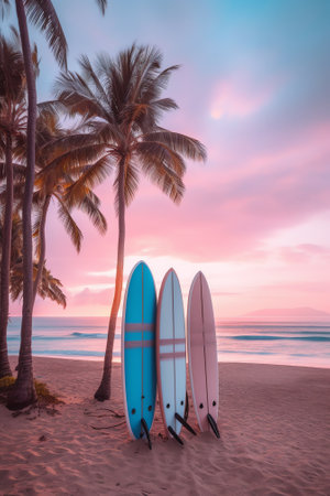 Generative AI : Sunset and palm trees on the beach against the soft pink tropical sky over the blue pacific ocean waterの素材
