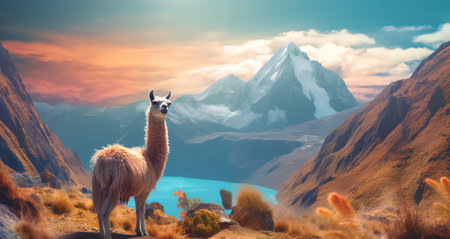 Generative AI : Llama standing on Rainbow Mountain against sky Pitumarca Peruの素材