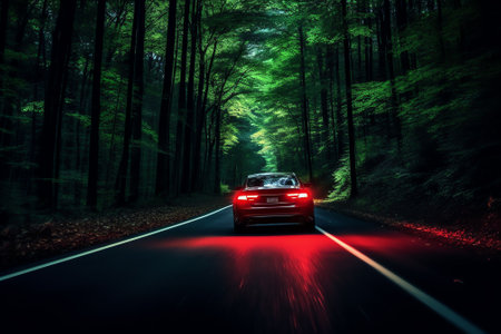 Generative AI : A car rides along a asphalt road in the forest The lights from the headlights are on Landscape with the sky in the background of the nightの素材