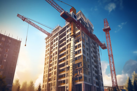 Generative AI : Construction cranes work on creation site against blue sky background Bottom view of industrial crane Concept of construction of apartment buildings and renovationの素材