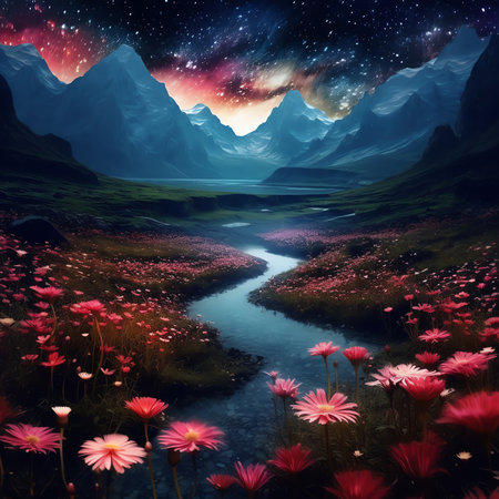 Generative AI : Night landscape with spring flowers in wild nature and Milky way over mountainsの素材