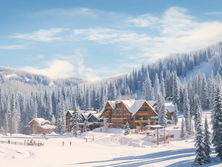 Generative AI : Stunning view of a ski resort village nestled among a beautiful pine forest with the majestic Mammoth Mountain and clear blue sky in the background Winter travel anの素材