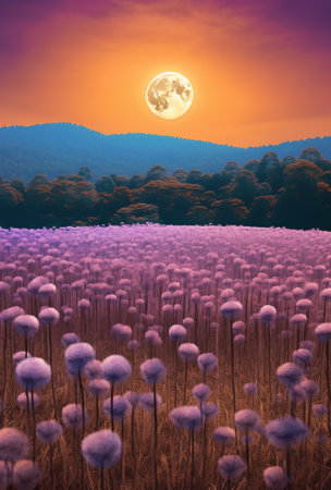 Generative AI : Twilight clover field under full moon widescreen versionの素材