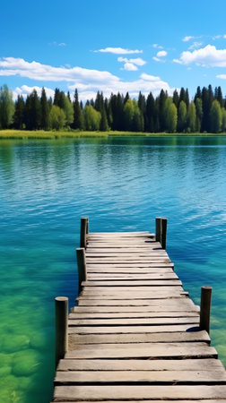 Generative AI : Wooden pier near the river lake Evergreen trees in the background Clear blue sky reflections on the water Idyllic summer landscape Ecotourism recreation ecologicalの素材