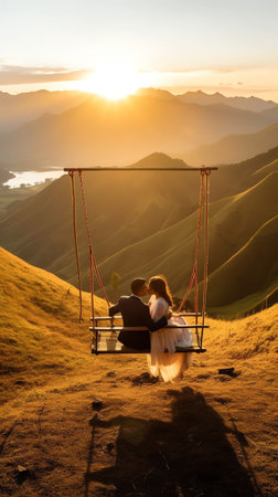 Generative AI : Landscape with a lonely swing on a hill in the mountains overlooking a mountain village sea sky on a sunny spring day Observation platform in the mountains near Batの素材