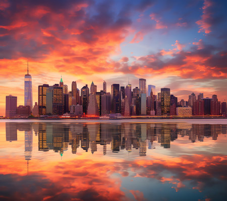 Generative AI : City skyline at sunset beautiful New York Manhattanの素材