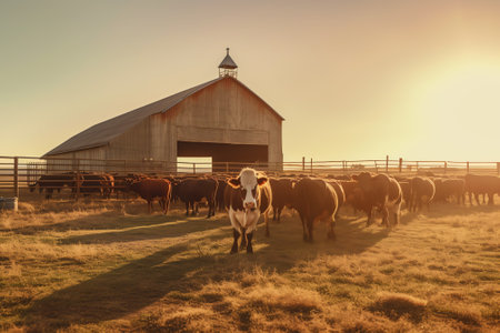 Generative AI : Domestic herd of cows in a farmyard enclosure in the countryside against a background of a blurred cloudless sky during sunsetの素材