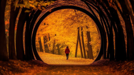 Generative AI : Tree leaf leaves plant tunnel circle round opening to the sky light at the end of the tunnel in Brussels Belgium Europeの素材
